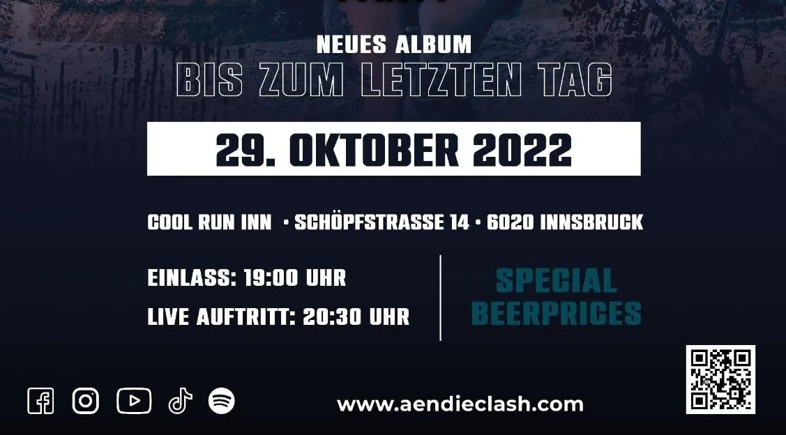 Plakat CD-Release Party Bis zum letzten Tag am 29. Oktober 2022 im Cool Run Inn Innsbruck