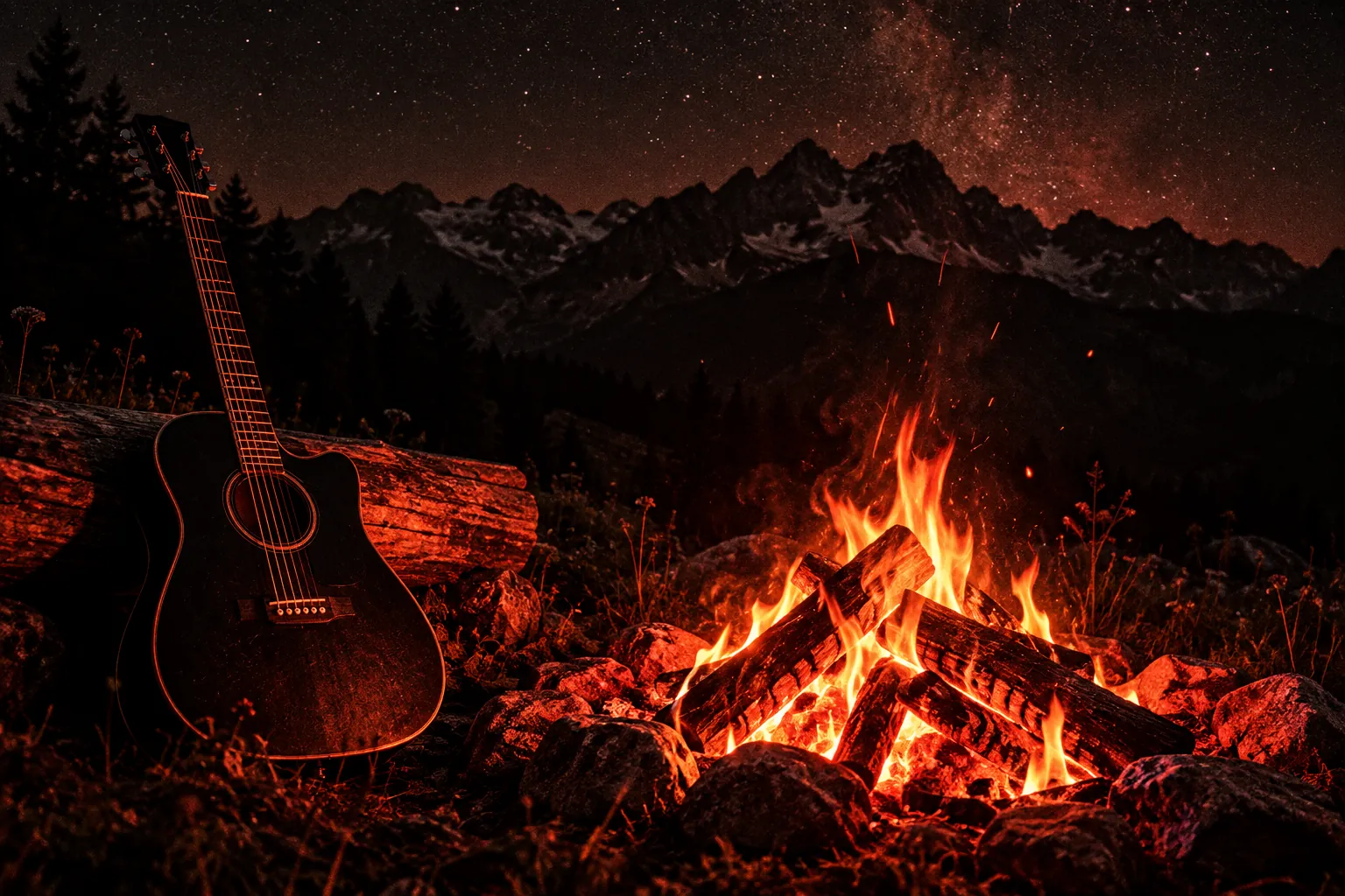 Lagerfeuer in den Tiroler Bergen bei Nacht, daneben lehnt eine schwarze Akustikgitarre