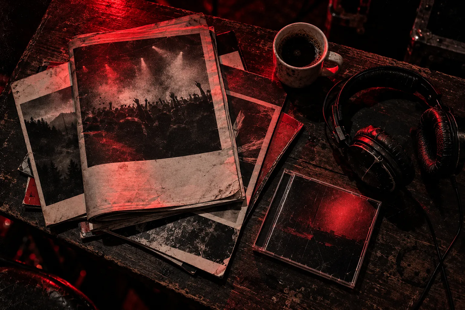 Tisch mit Musikmagazinen, CD und Kopfhörern unter einer roten Lampe