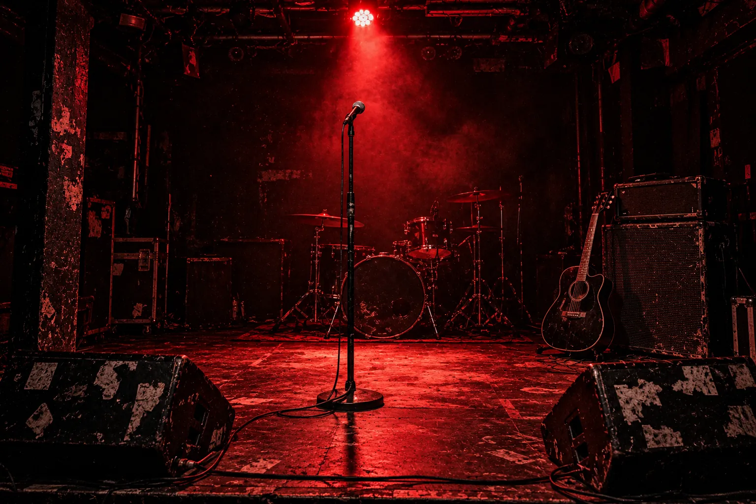 Leere Clubbühne mit Mikrofon, Akustikgitarre und Verstärker im roten Scheinwerferlicht